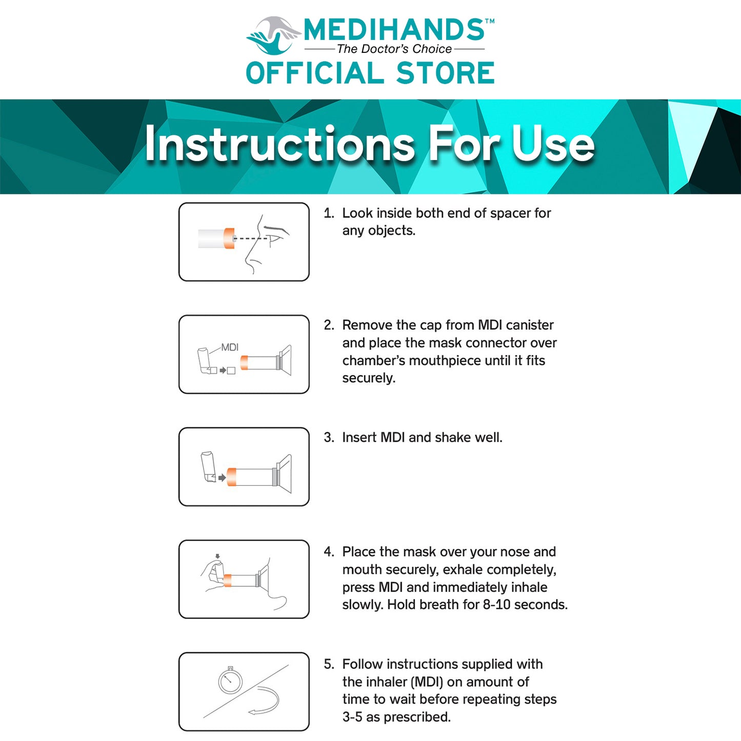Medihands Spacer For Inhaler - Used With MDI (Metered Dose Inhaler) For Children & Adult With Asthma
