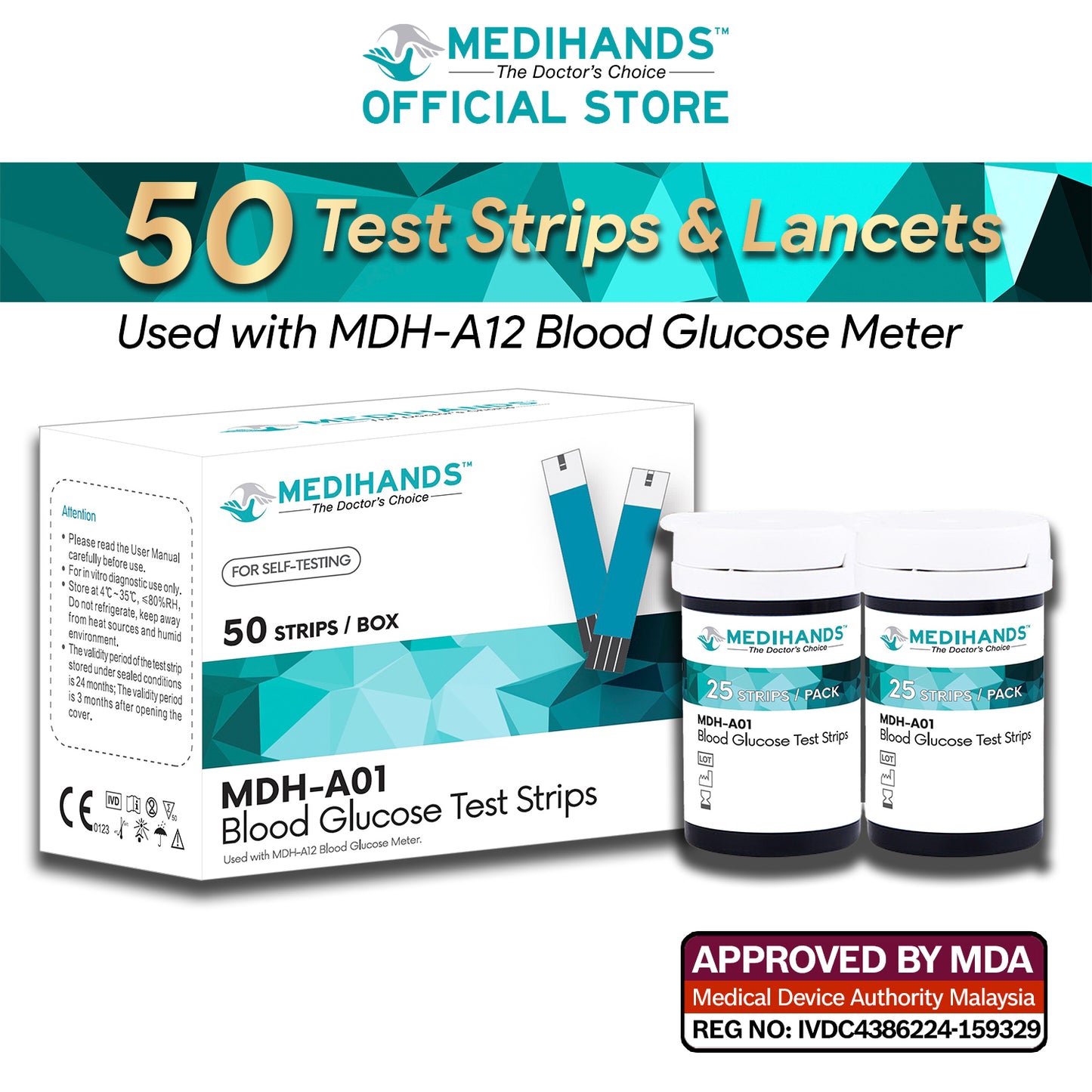 Medihands MDH-A12 Blood Glucose Test Strips & Lancets (50pcs)