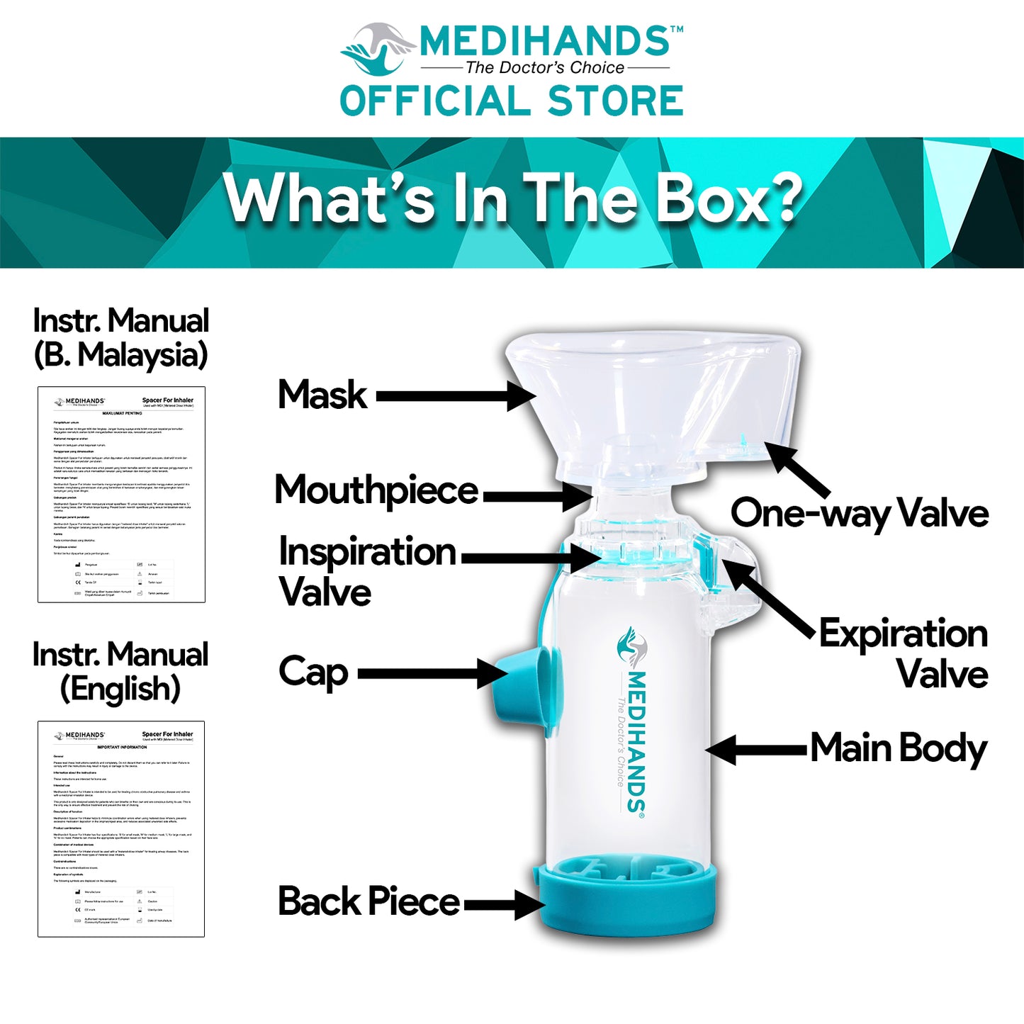 Medihands Spacer For Inhaler - Used With MDI (Metered Dose Inhaler) For Children & Adult With Asthma